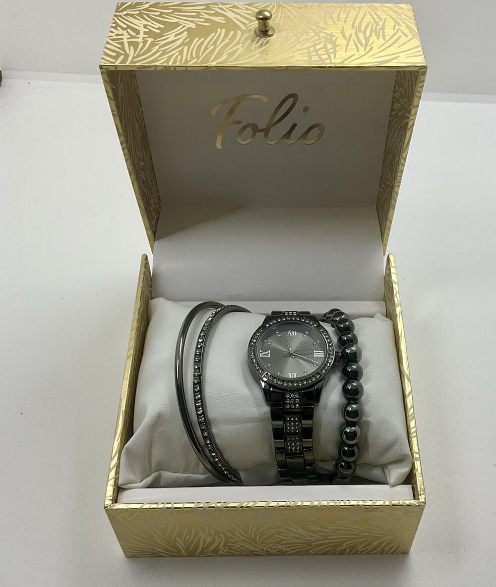 Folio Women’s Silver Tone Quartz Wrist Watch & 3 Bracelet Boxed Gift Set NEW